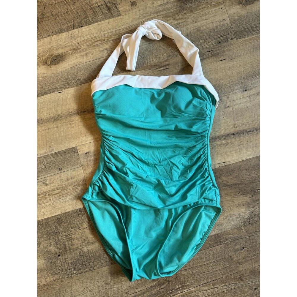 Ralph Lauren Swimsuit One Piece Bel Aire Shirred Mio Bandeau Teal Aqua Blue Sz 4 - Picture 2 of 6
